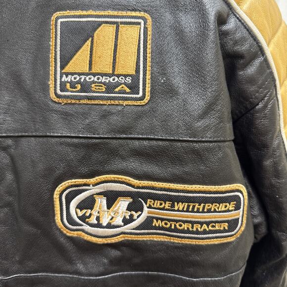 Men’s Leather MotoCross Racing Jacket Size L Black/Gold Patches Zip Front - Picture 5 of 14